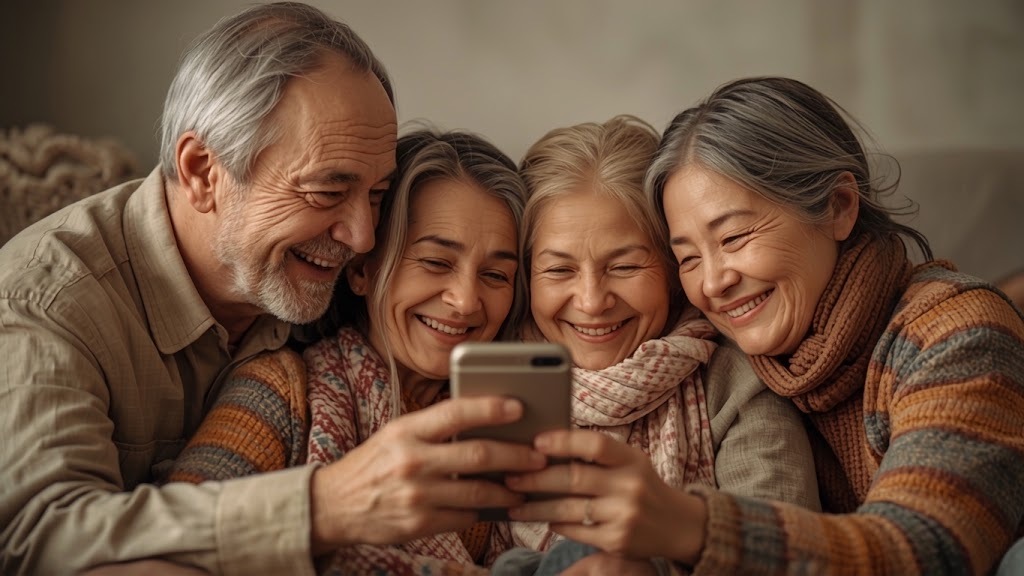 Grupo de idosos sorrindo juntos ao redor de um celular