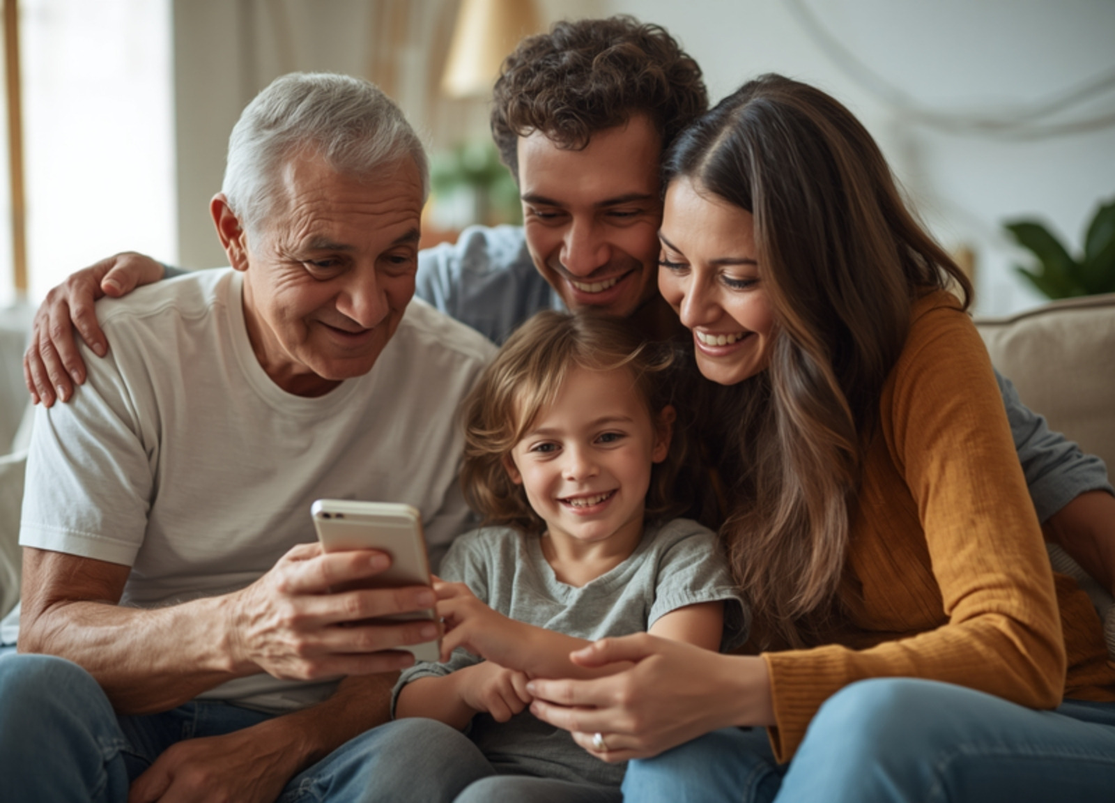 Família multigeracional sorrindo enquanto olha um celular juntos