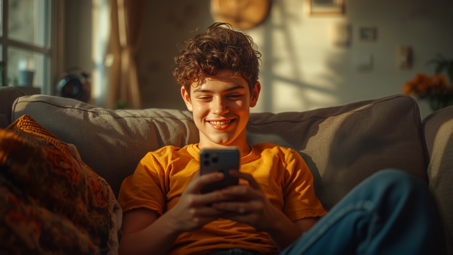 Adolescente sorrindo, usando o celular de forma tranquila e segura