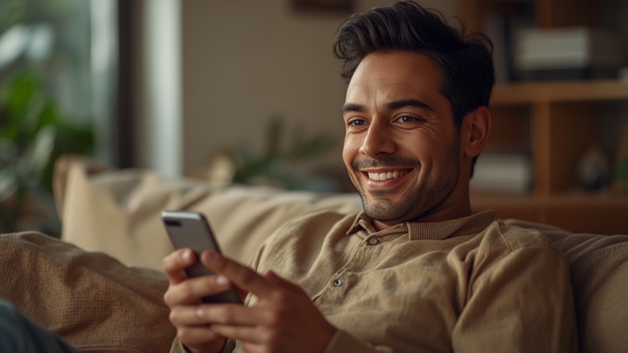 Adulto sorrindo com confiança enquanto usa o celular