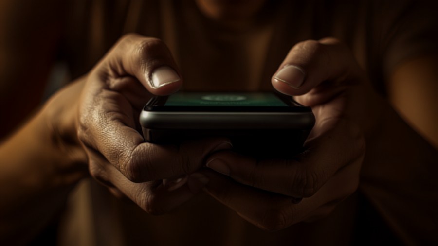 Mãos segurando um celular, olhando com desconfiança para uma mensagem