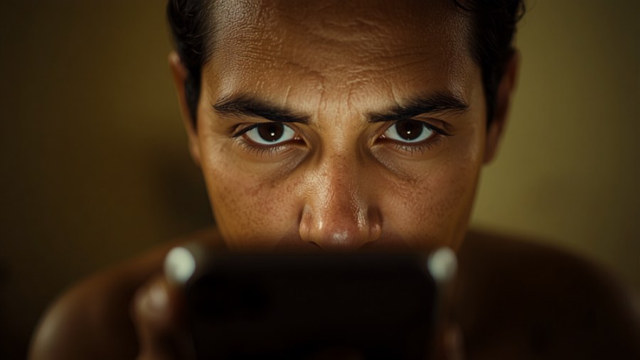 Pessoa olhando com desconfiança para a tela do celular, desconfiada de uma notificação