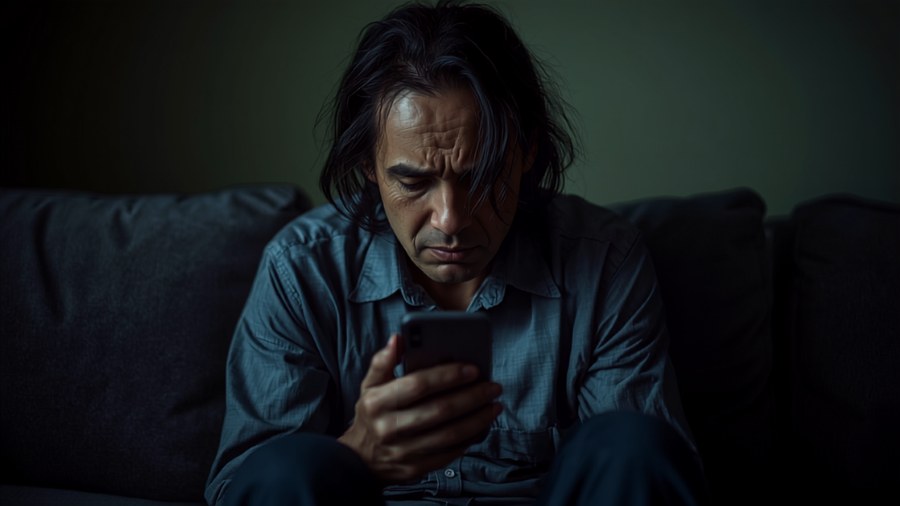 Pessoa preocupada olhando para o celular, refletindo a ansiedade de quem se sente culpado