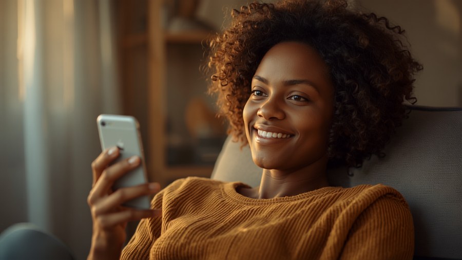 Pessoa sorrindo com tranquilidade e confiança enquanto usa o celular